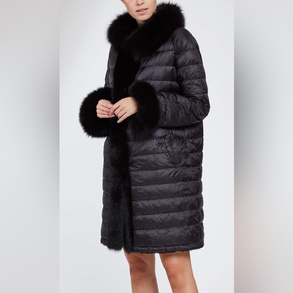 Black Fox Fur Trim Long Puffer Coat
Fur lined REVERSIBLE